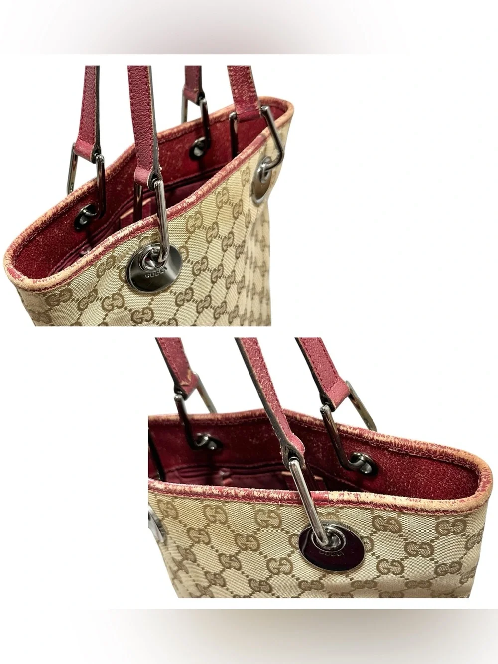 Gucci Eclipse Tan GG Monogram Canvas & Burgundy Red Leather Bucket Tote - Picture 14 of 14